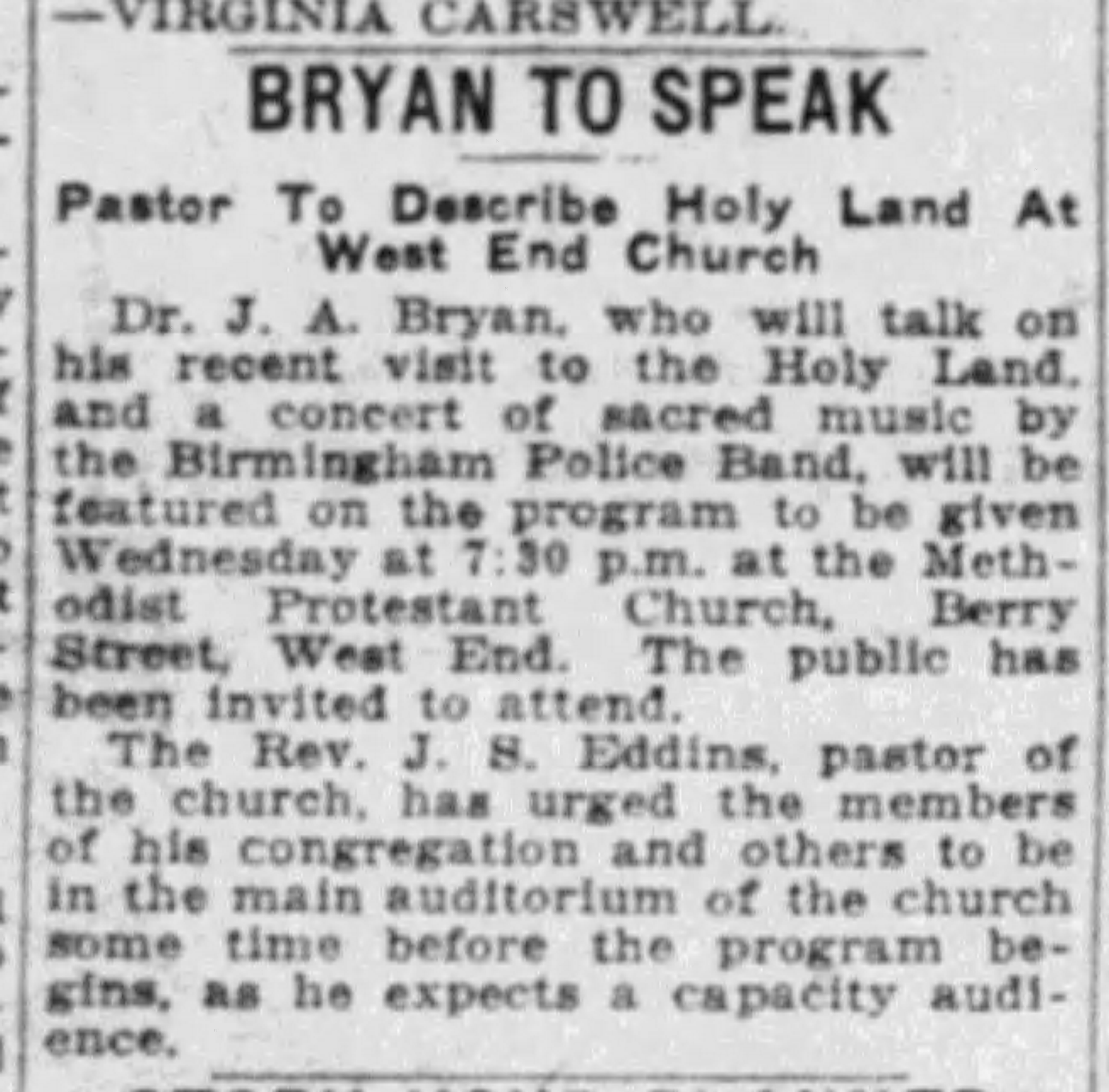 Bryan To Speak: West End Methodist Church
